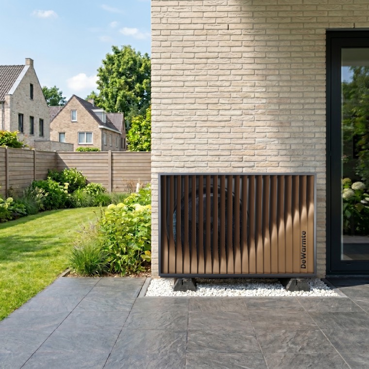DeWarmte warmtepomp geïnstalleerd in een tuin